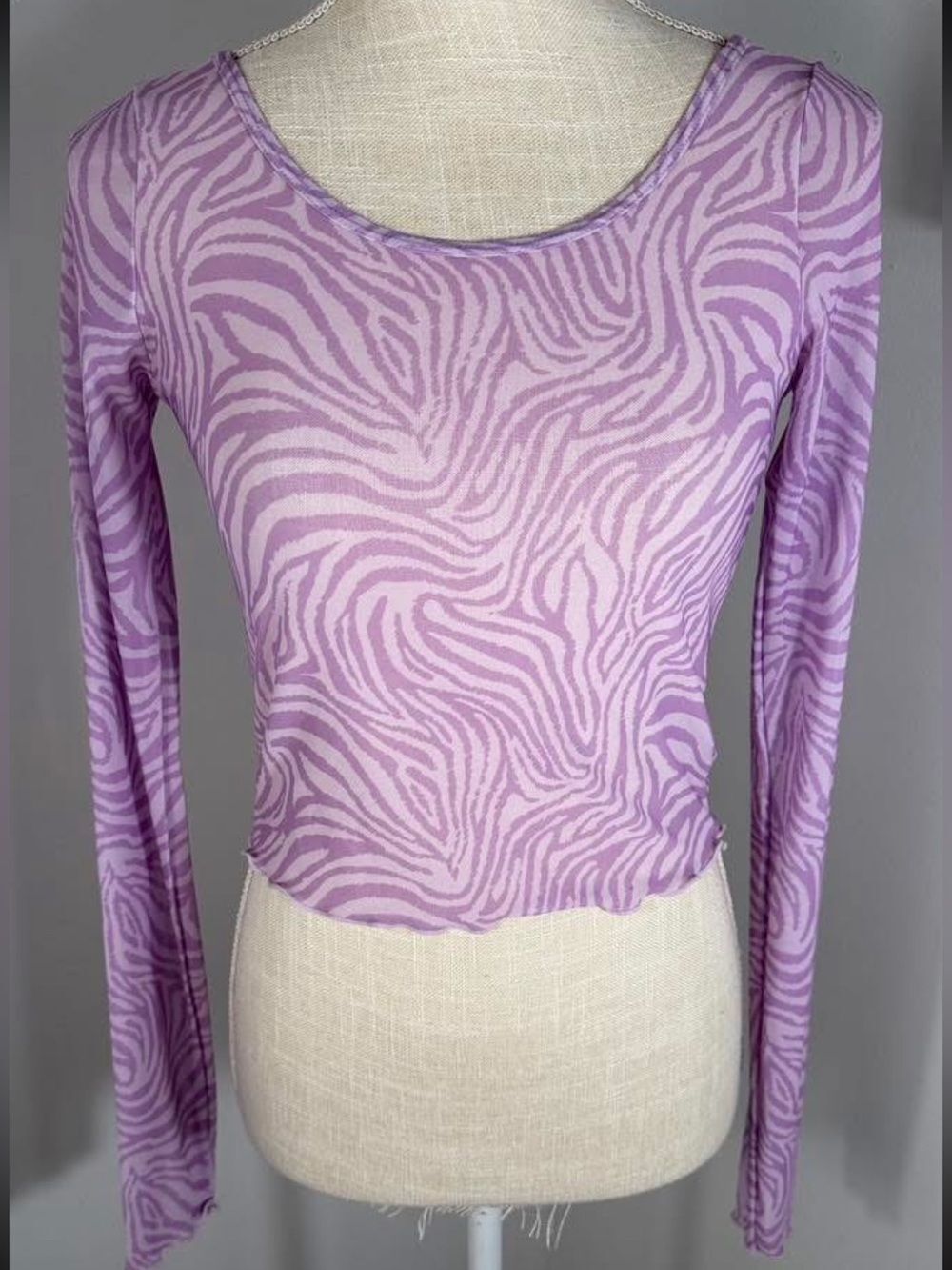 Kendall & Kylie Purple Tiger Abstract Retro Sheer Mesh Long Sleeve Top